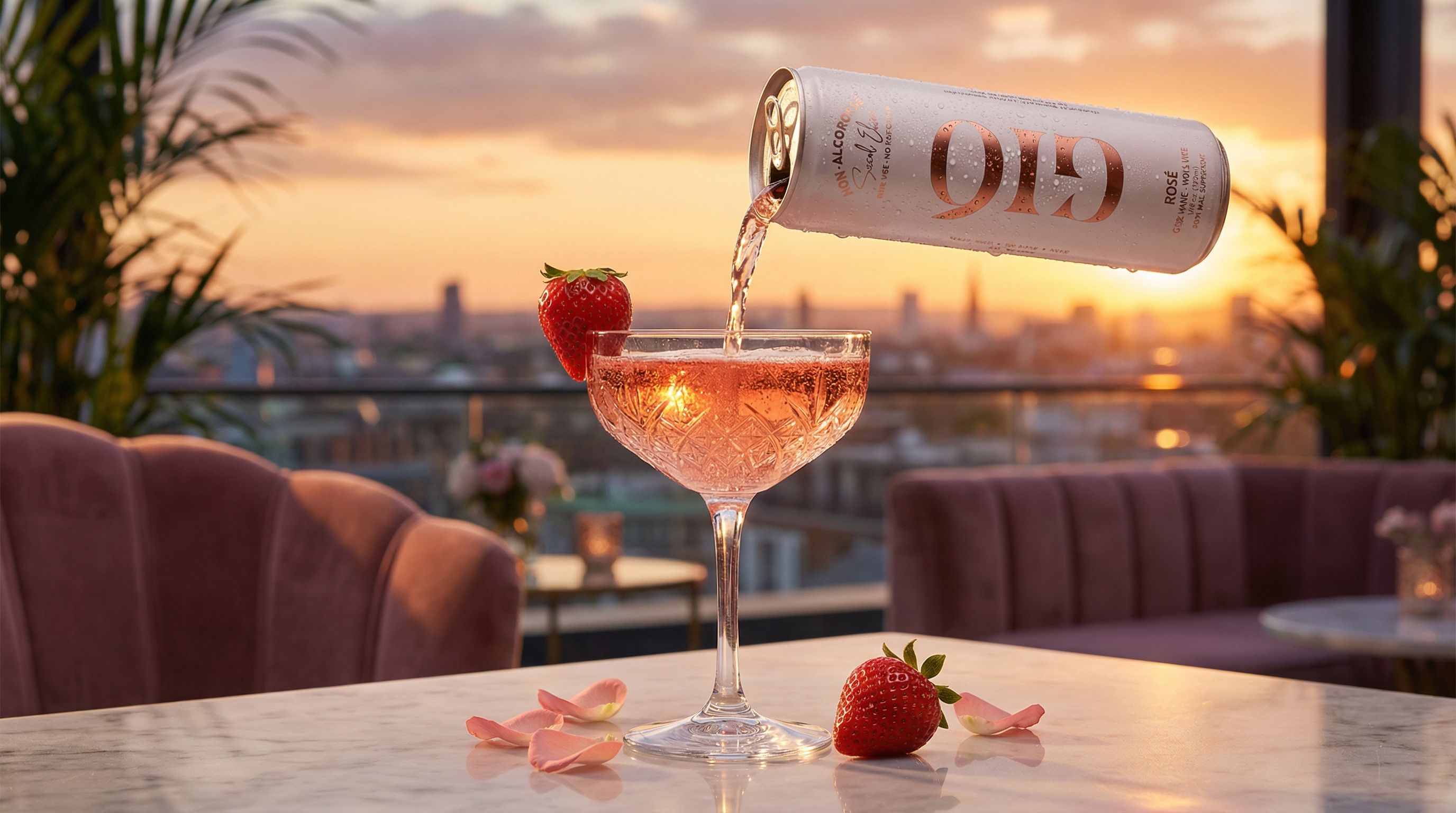 Drink Gio Rosé being poured into crystal coupe glass on rooftop terrace at golden hour